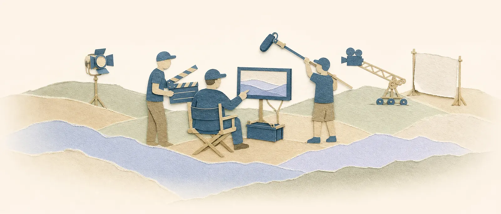 Paper-cut film crew silhouettes gathered around a director's monitor