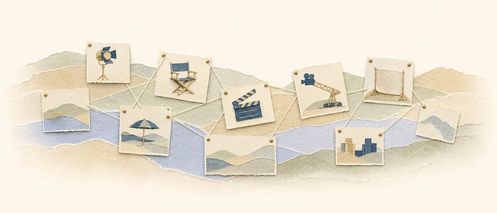 Paper collage of image cards connected by strings