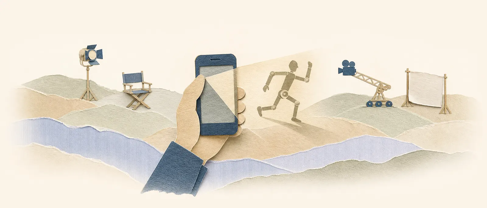 Paper-cut hand holding a phone that casts a paper skeleton shadow