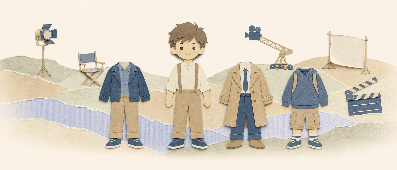 Paper-doll collage of one character with three wardrobe variants, same face