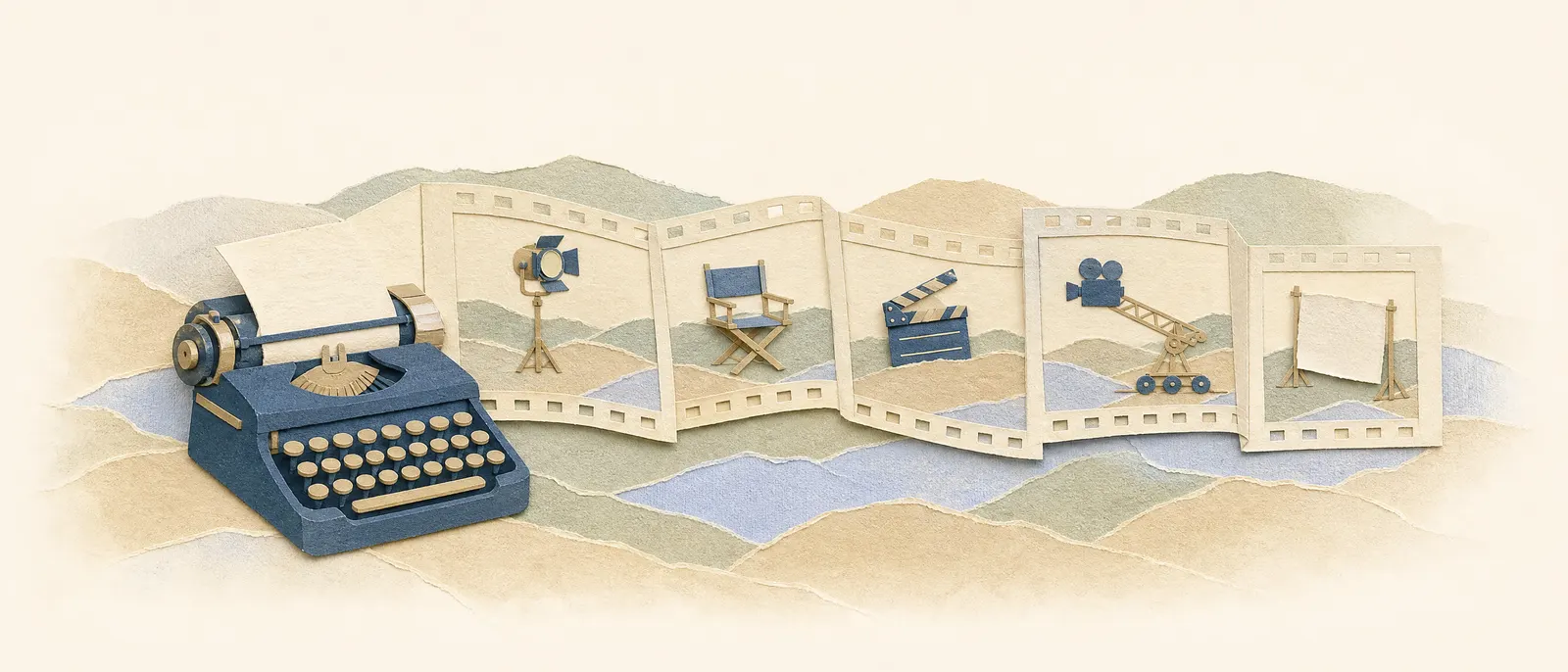 Paper-cut collage of typewriter pages folding into film frames