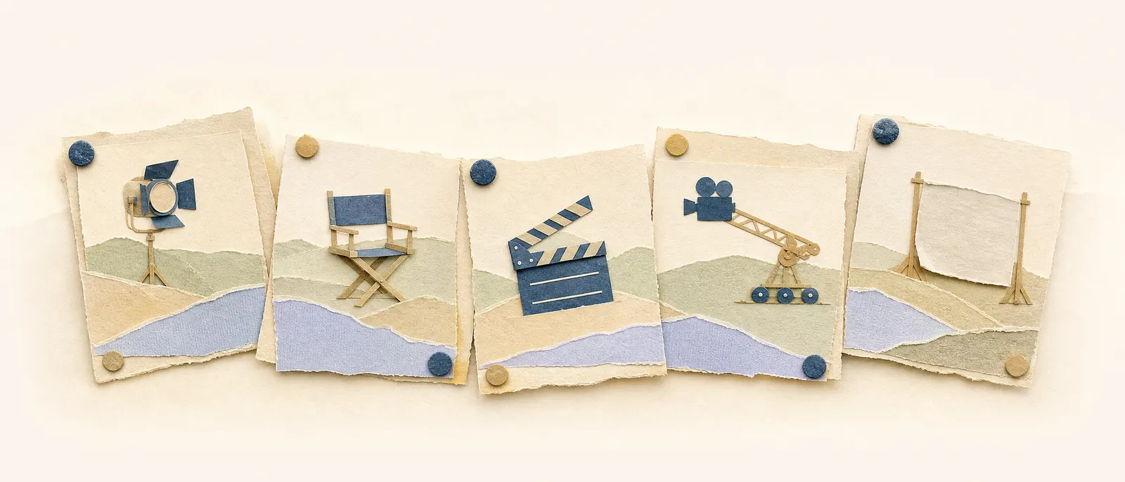 Paper collage of storyboard frames pinned up like a wall of dailies