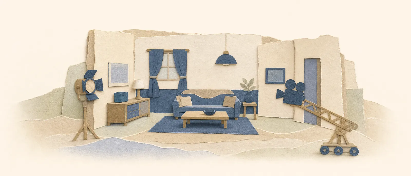 Paper diorama of a miniature film set with a tiny camera crane