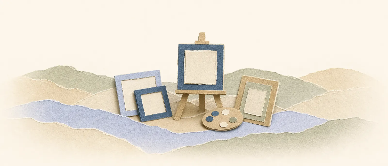 Paper-cut collage of an easel with layered paper frames and a paper palette, spread across an ivory band