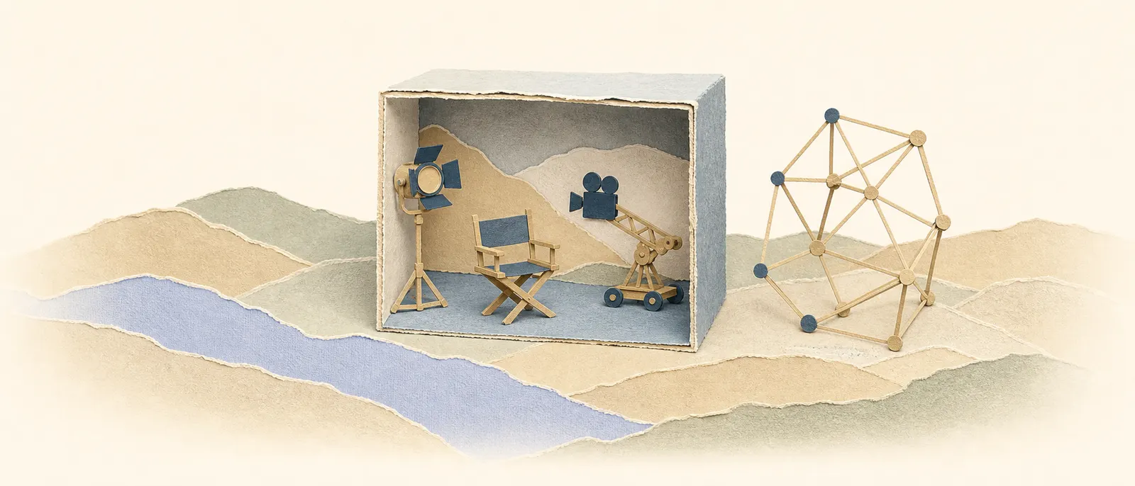 Paper-cut collage of a small paper diorama cube with a wireframe of paper strips rising from it