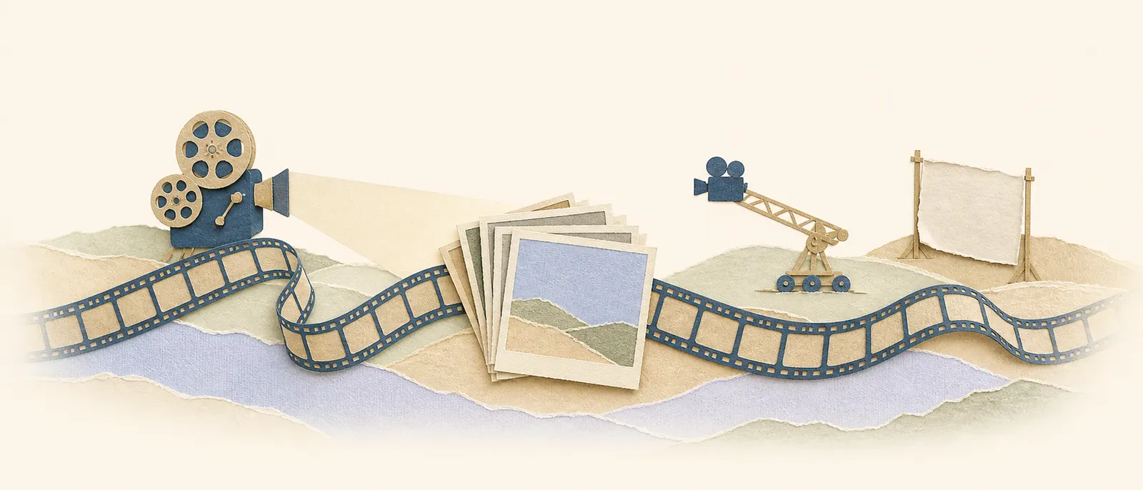 Paper-cut collage of a film strip unspooling across a paper stage, a little projector beam lighting a stack of take cards