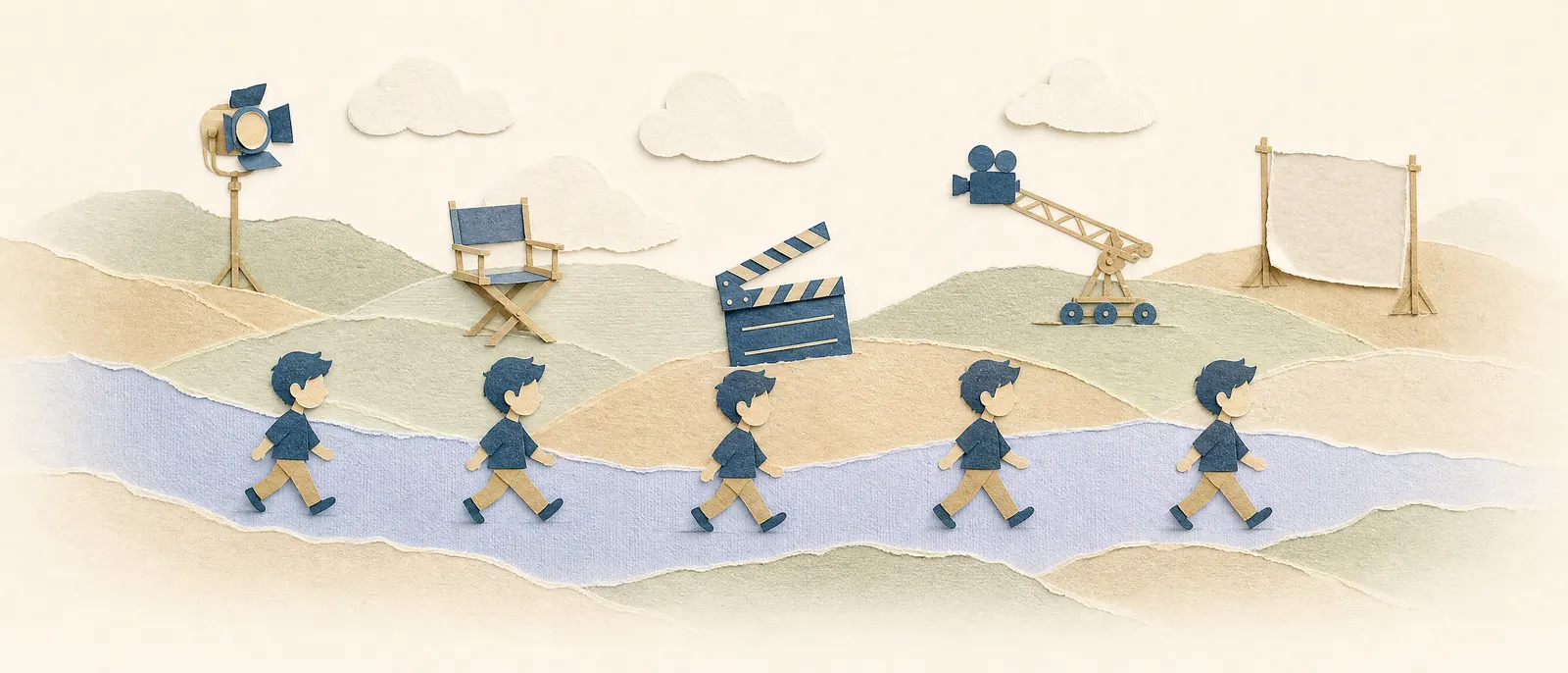 Paper-cut collage of one character walking across the band in sequential animation poses