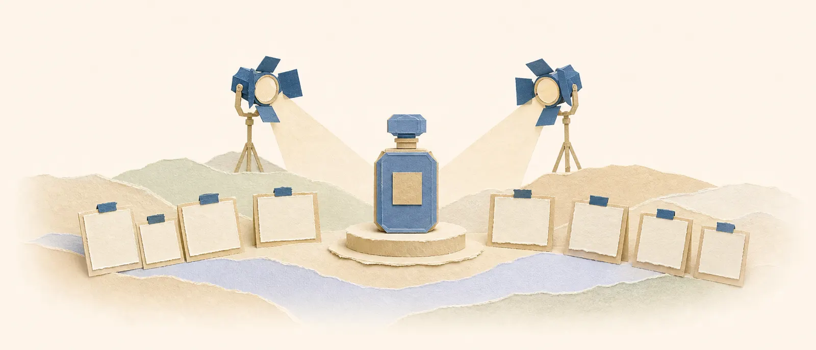 Paper-cut collage of a small product on a lit paper stage, ringed by storyboard frames