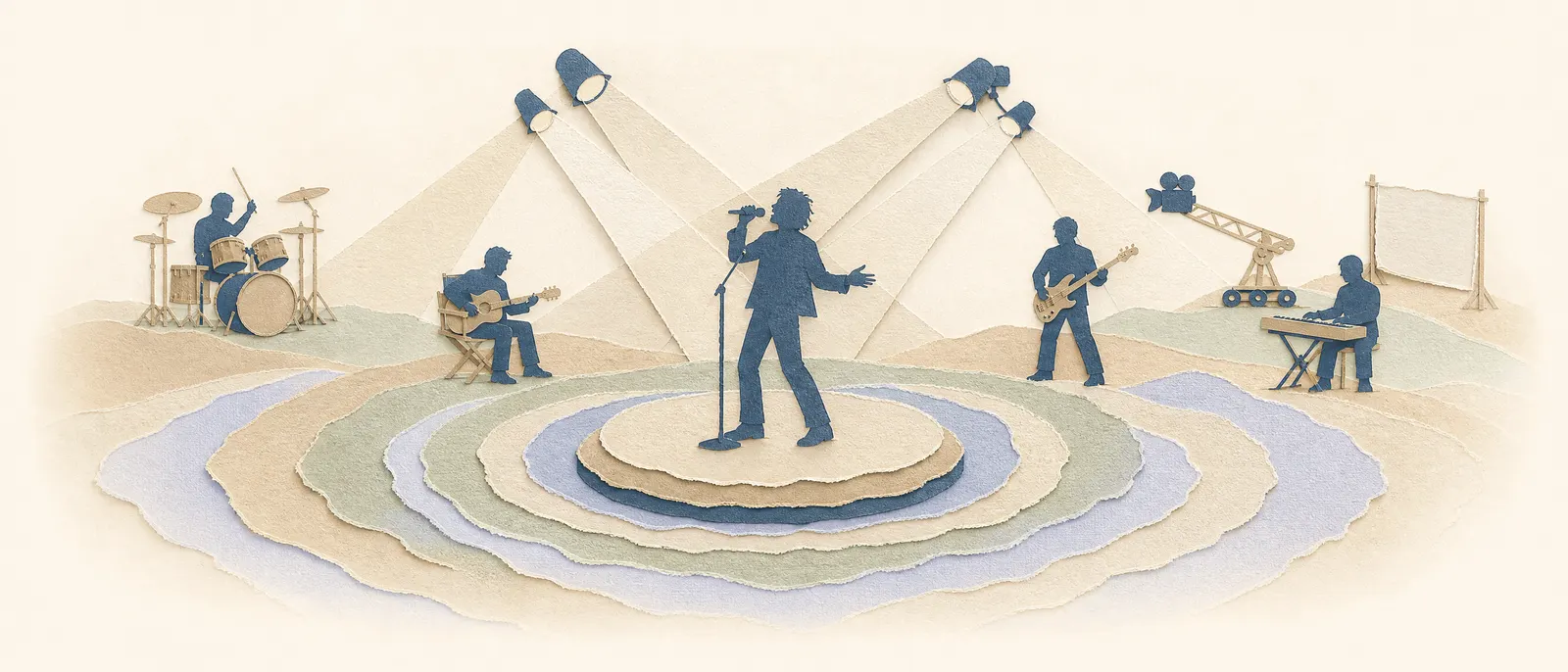 Paper-cut collage of a performer on a small paper stage with sound waves rippling across the band