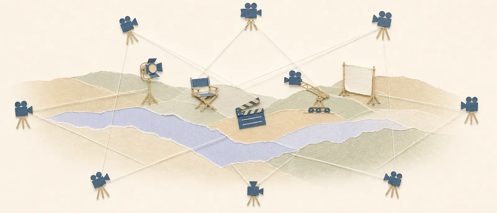 Paper diorama of a film set seen from above, with cut-paper cameras and string sight-lines marking coverage