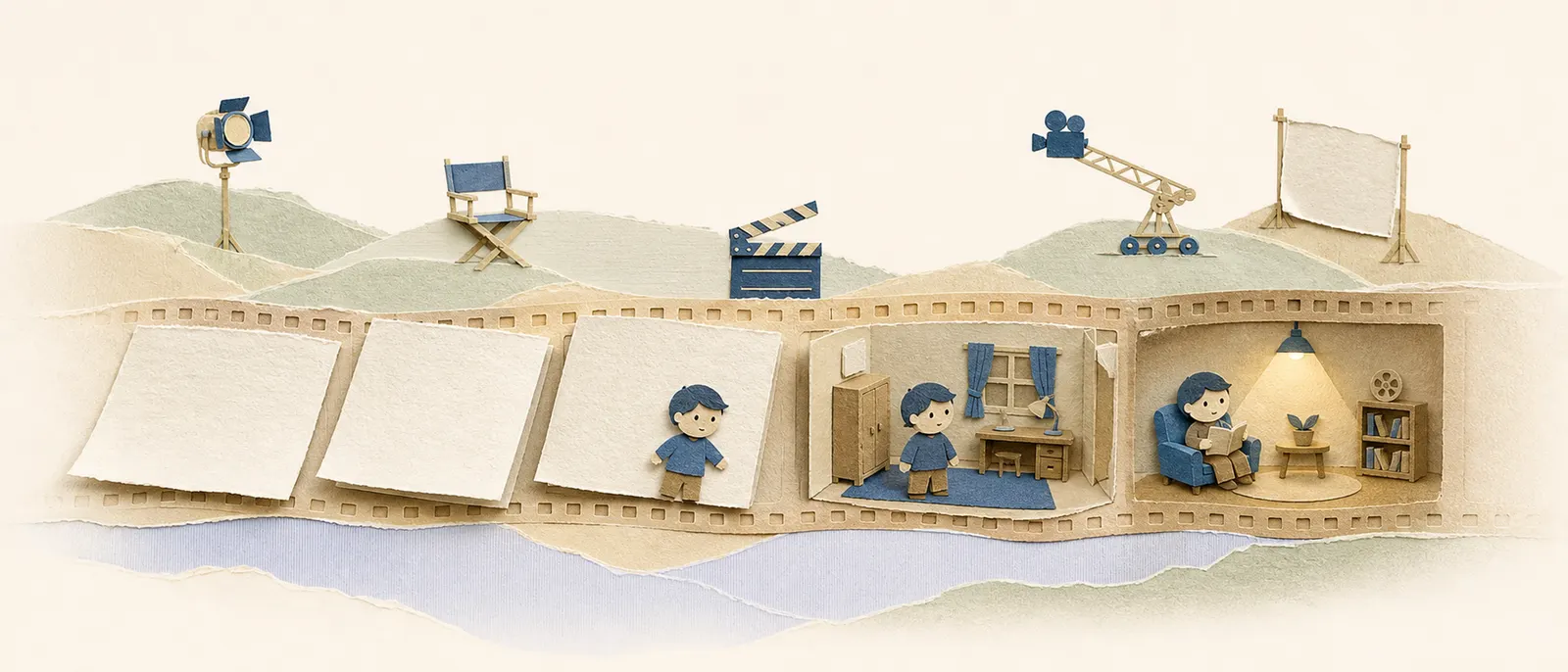 Paper-cut collage of a film strip unfolding from a written page into characters and a lit scene